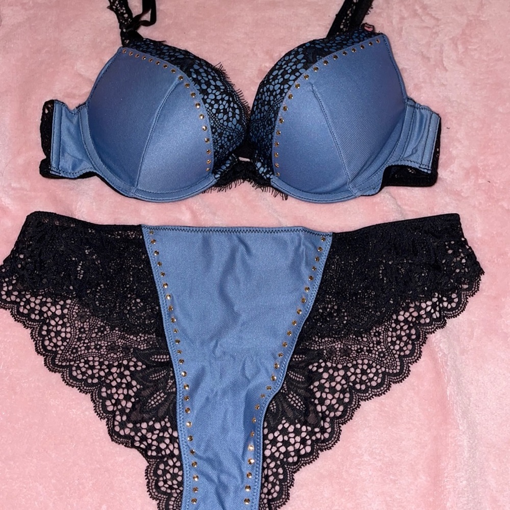 Denim studded black lace sexy set
